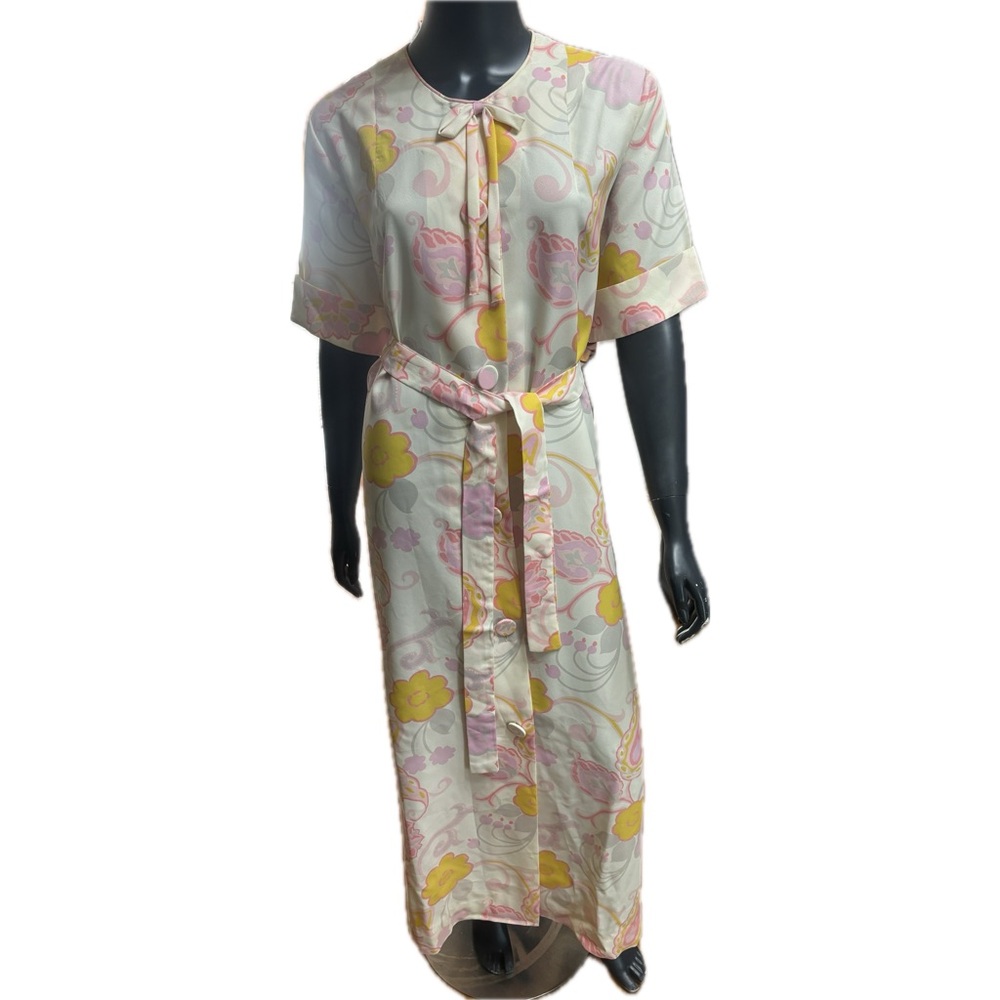 Flo Weinberg Vintage 1960’s Pink Yellow Floral Belted Maxi House Dress Nightgown